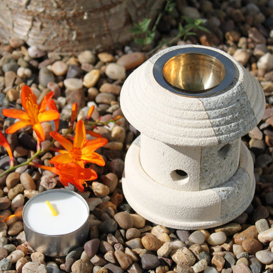 Indonesian Sandstone Oil Burner Combo Lantern - Hand-Carved, Luxury Home Fragrance Solution, Compatible with Wax Melts & Essential Oils