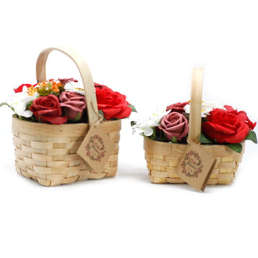 Elegant Medium-Sized Wicker Basket Bouquet with 6 Roses, 2 Hyacinths, and 1 Sunflower